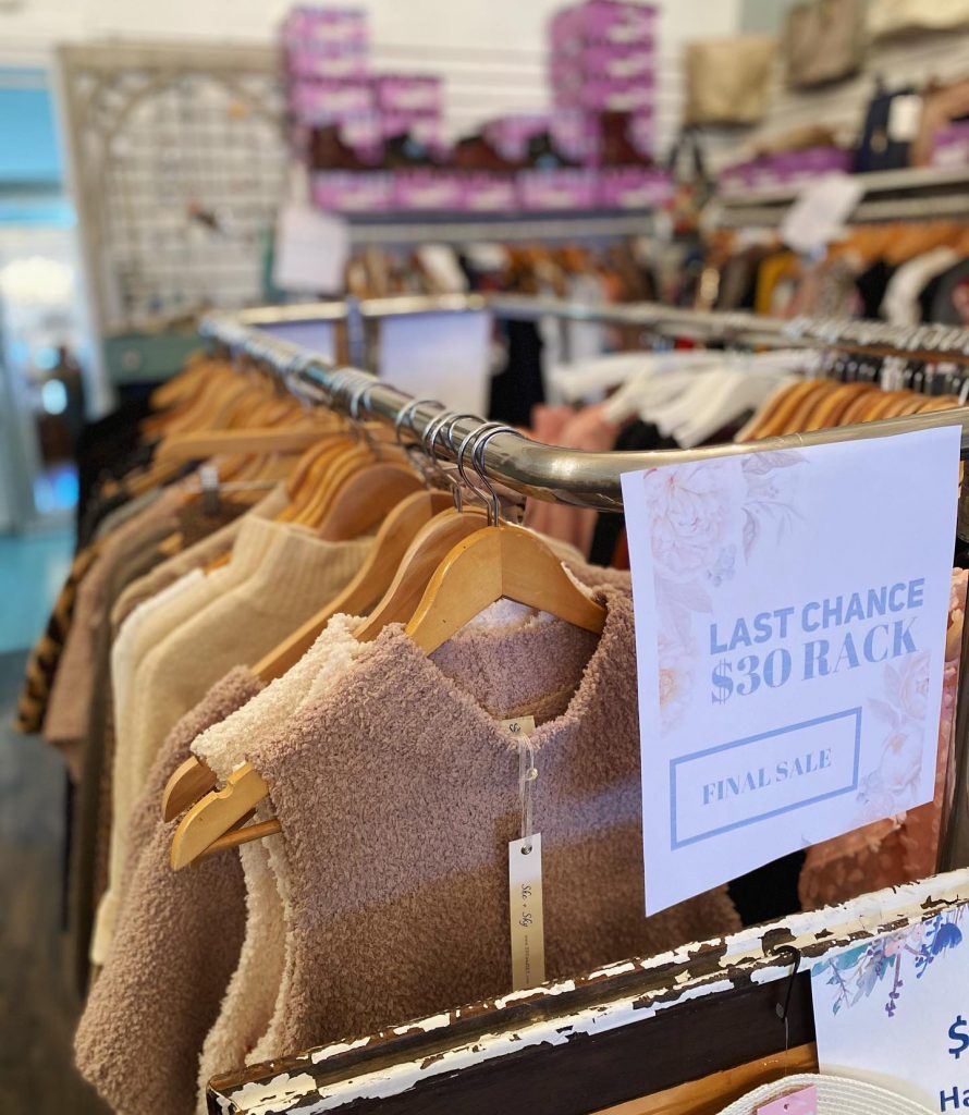 image of clothes racks at the Butterfly Boutique in Fenelon Falls Ontario.